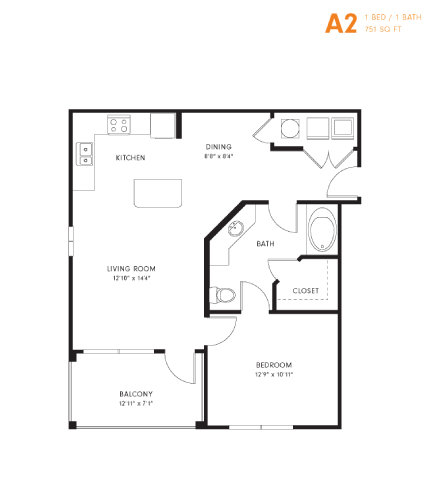 A floor plan of a one bedroom apartment with a living room, kitchen, bathroom, and balcony.